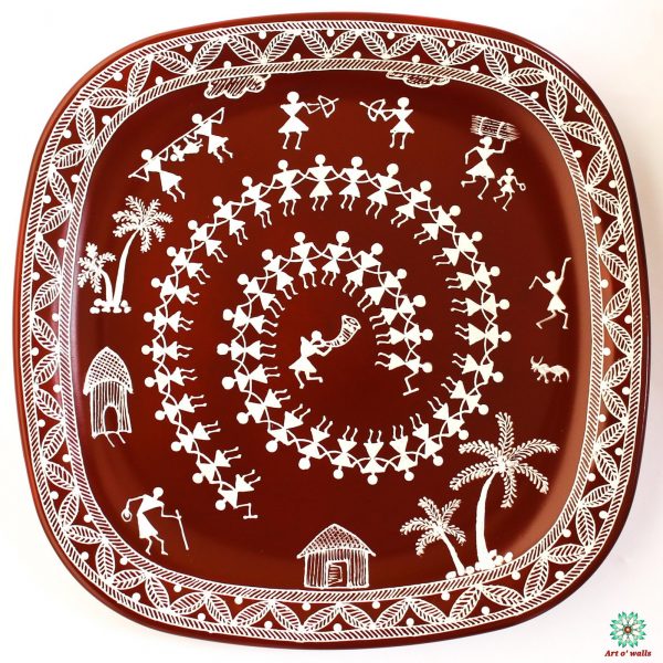 Warli art Decorative plate(hanging) Square round