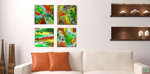 Fluid art on stretched canvas: Neon colours 2(set of 4)